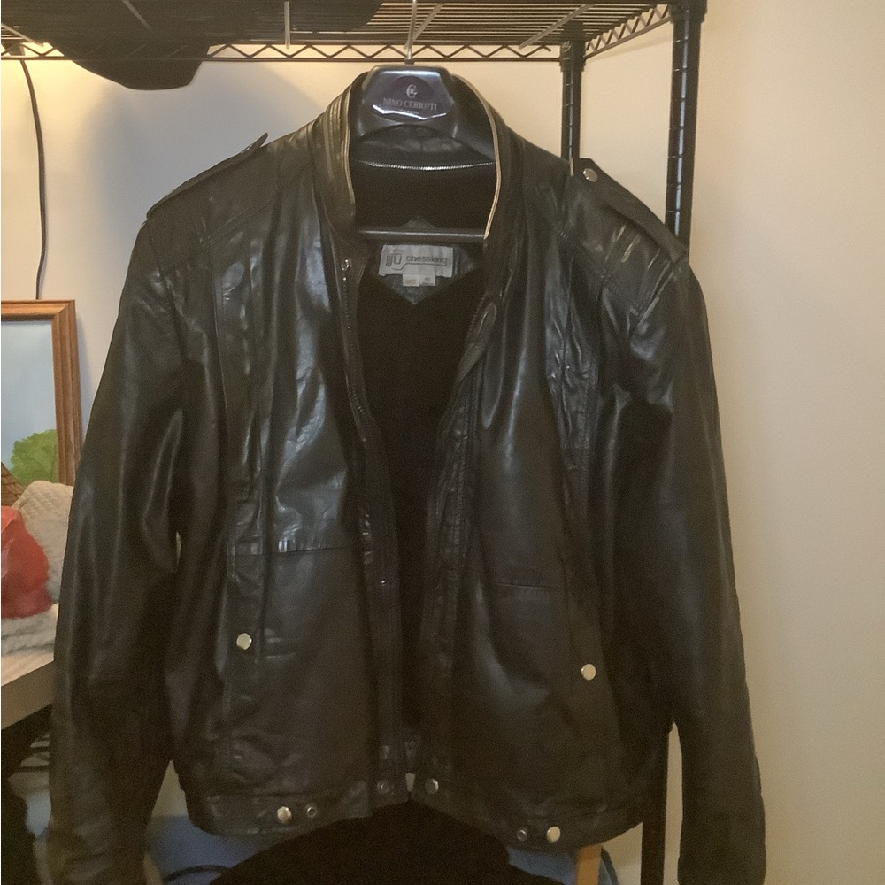 Vintage Chessking Black Leather Bomber Jacket